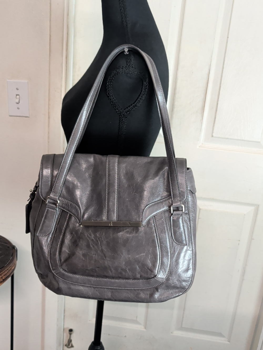 CK Grey Leather Shoulder Bag